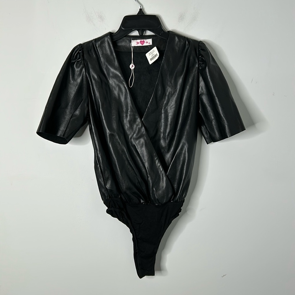 Buddy Love Ava Black Surplice Vegan Leather Bodysuit NWT - Picture 2 of 8